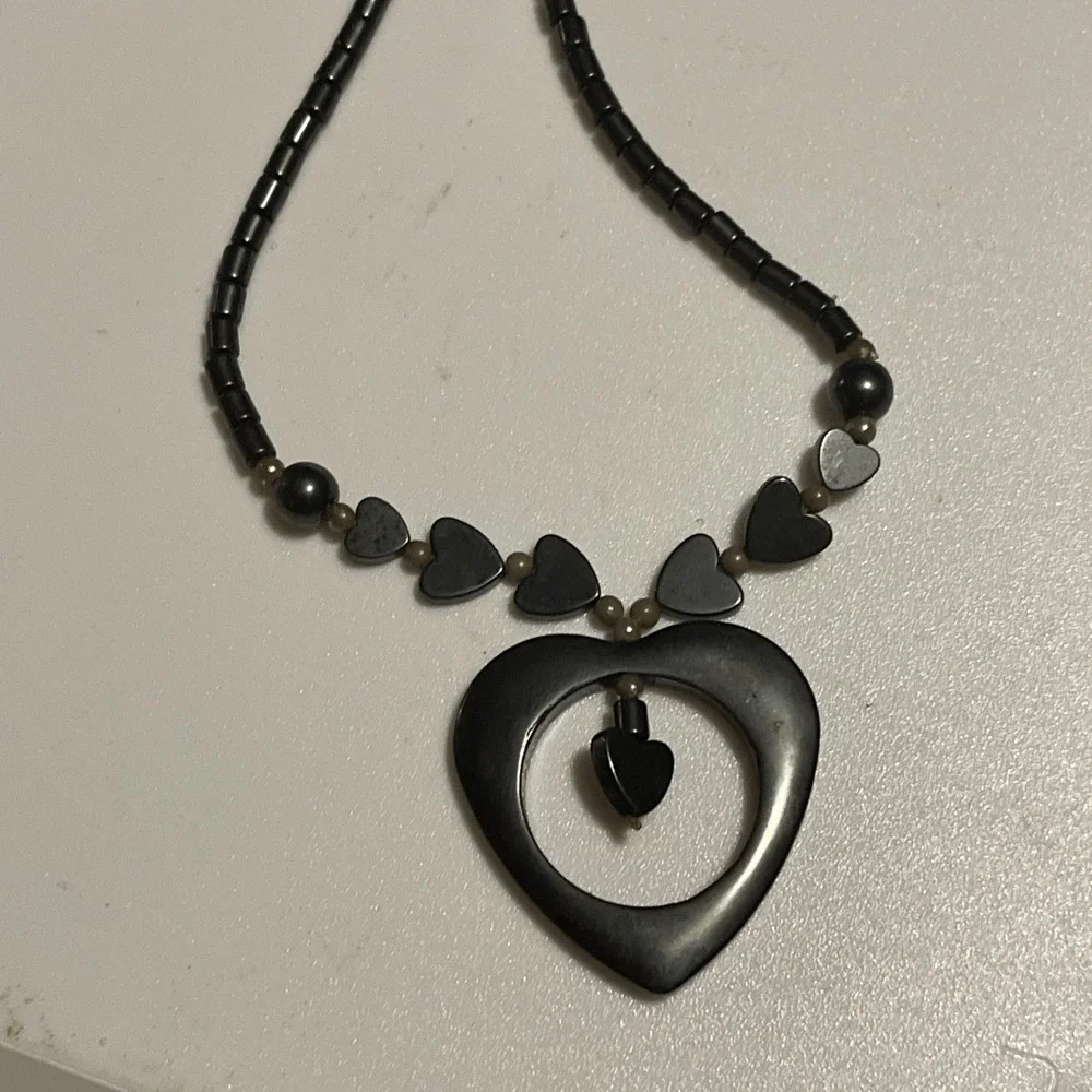 Vintage Hematite Heart Jewelry Pendant Necklace Gothic Energy Dark Metallic Look